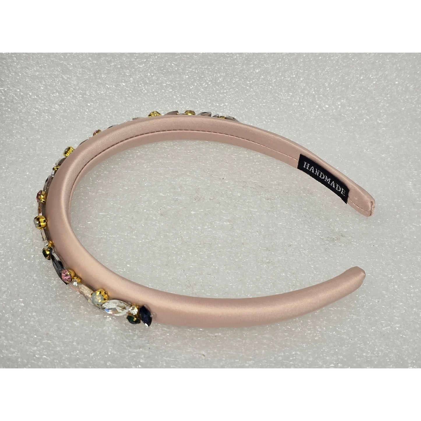 Handmade Satin Padded Headband With Multicolor Gemstone Embellishments Elegant