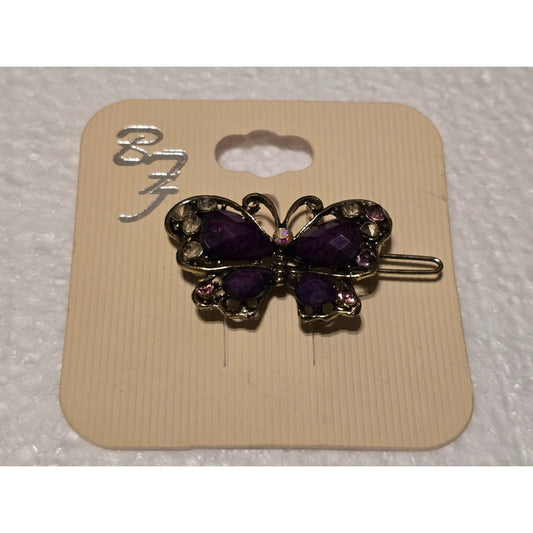Purple Butterfly Hair Clip Barrette With Rhinestone Accents & Gold-Tone Finish