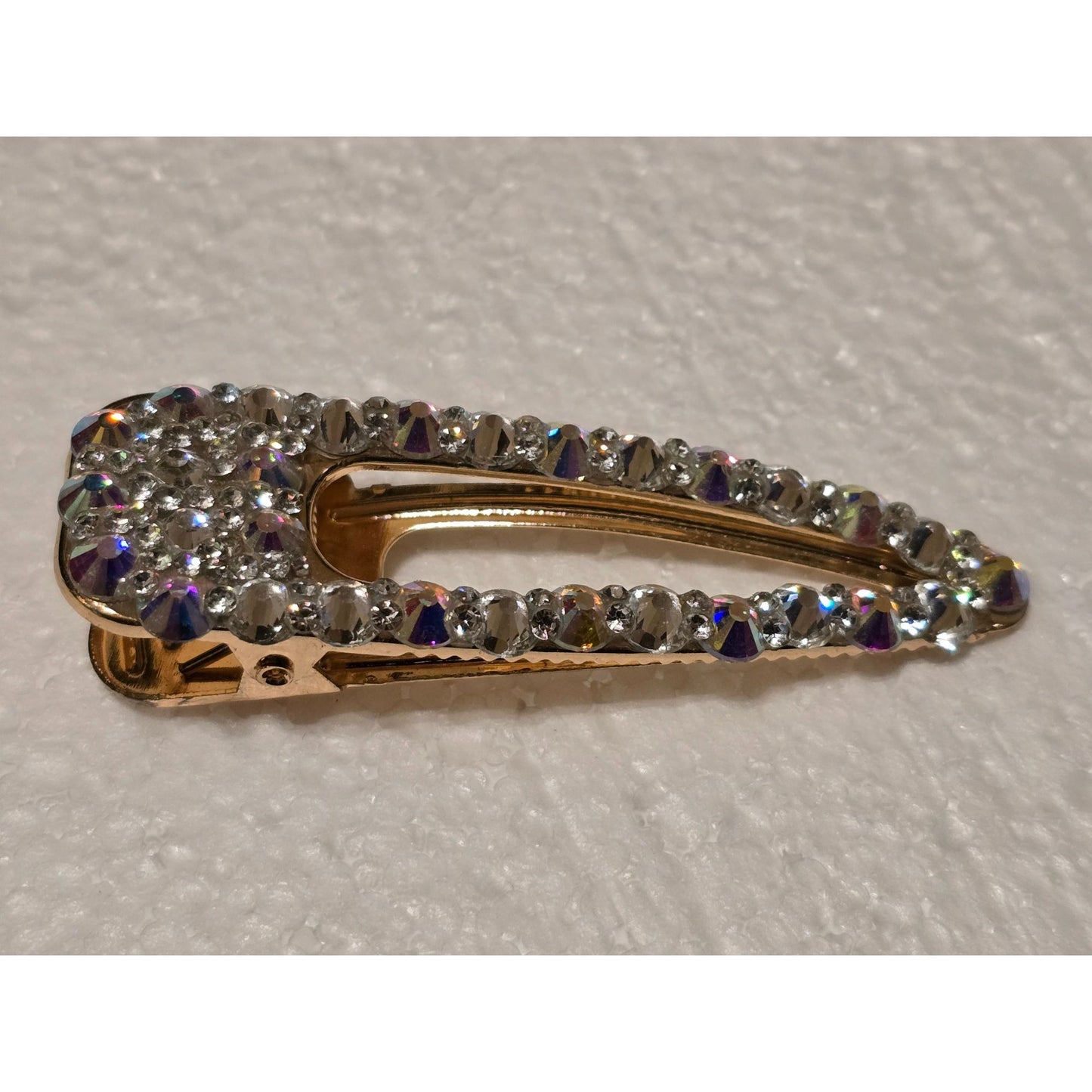 Gold Tone Hair Clip Barrette With Rhinestones & Iridescent Stones