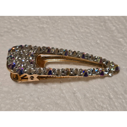 Gold Tone Hair Clip Barrette With Rhinestones & Iridescent Stones