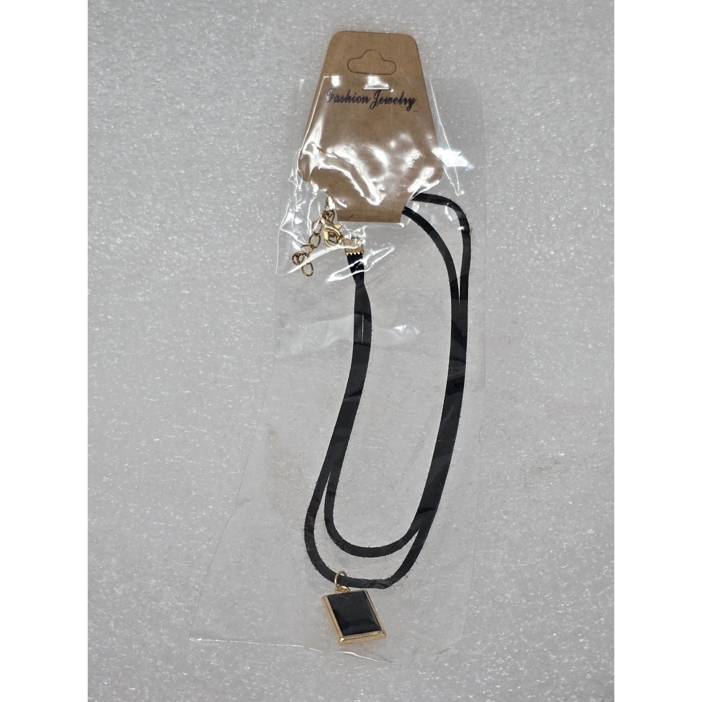 Fashion Jewelry Layered Black Choker Necklace Black & Gold Tone Square Pendant