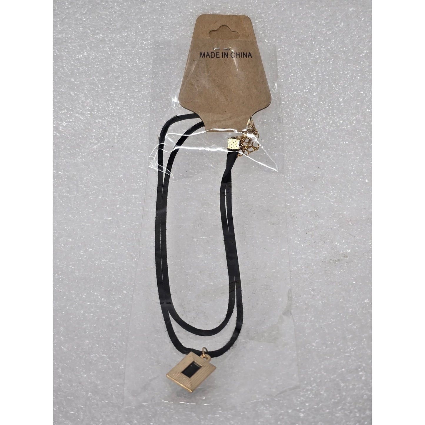 Fashion Jewelry Layered Black Choker Necklace Black & Gold Tone Square Pendant
