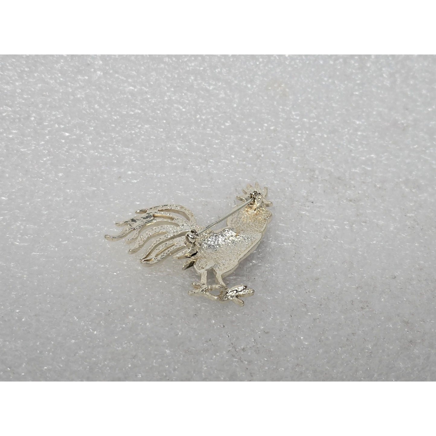 Vintage Rooster Brooch Silver Tn Enamel Rhinestone Chicken Figural Statement Pin
