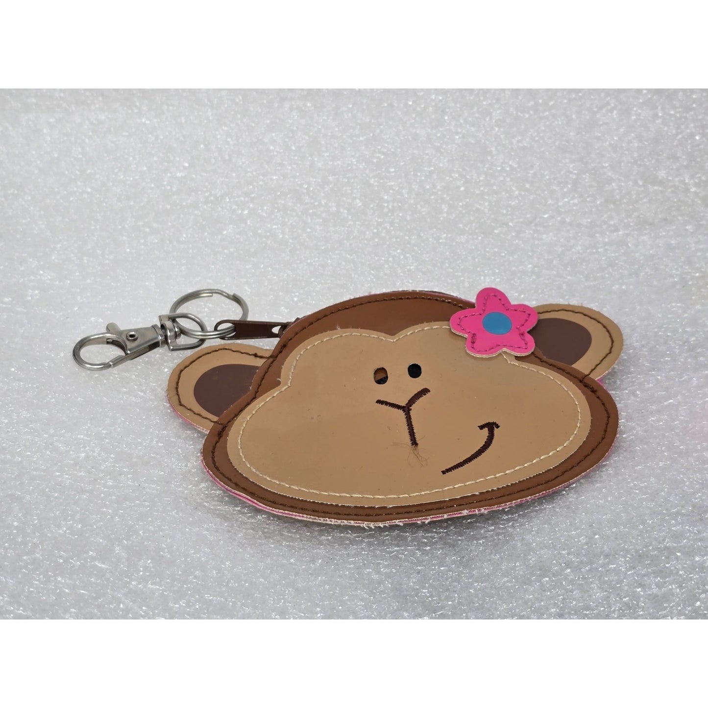 Stephen Joseph Monkey Coin Purse Pouch Keychain Holder Pink Flower Accent Brown