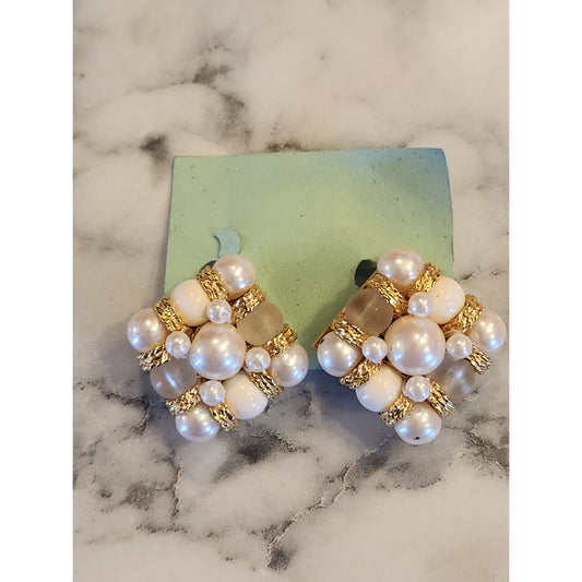 Vintage Square Faux Pearl & Gold-Tone Clip-On Earrings