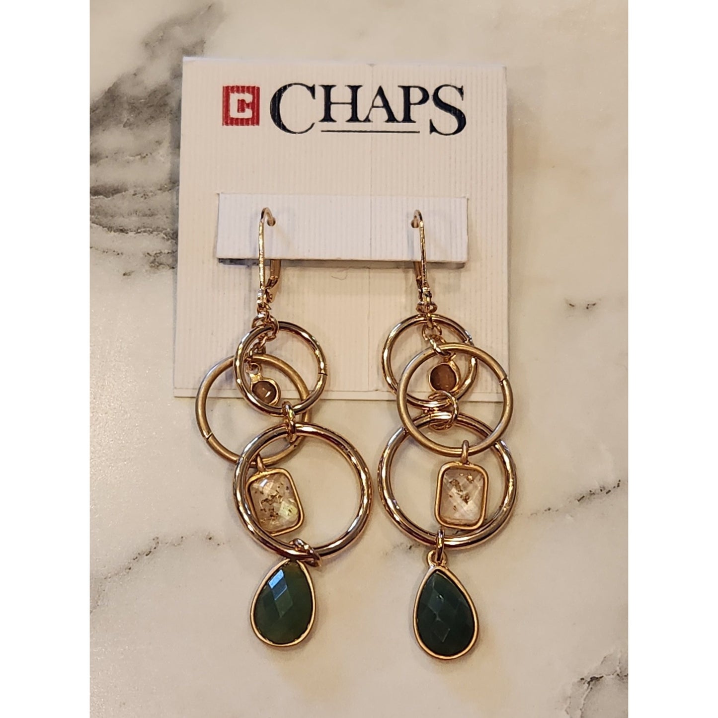 Chaps Gold-Tone Multi-Ring Drop Earrings With Green Accents