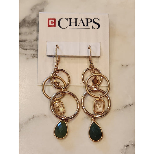 Chaps Gold-Tone Multi-Ring Drop Earrings With Green Accents
