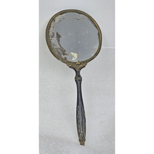 Antique Victorian Hand Mirror Ornate Brass Floral Handle Patina Beveled Glass