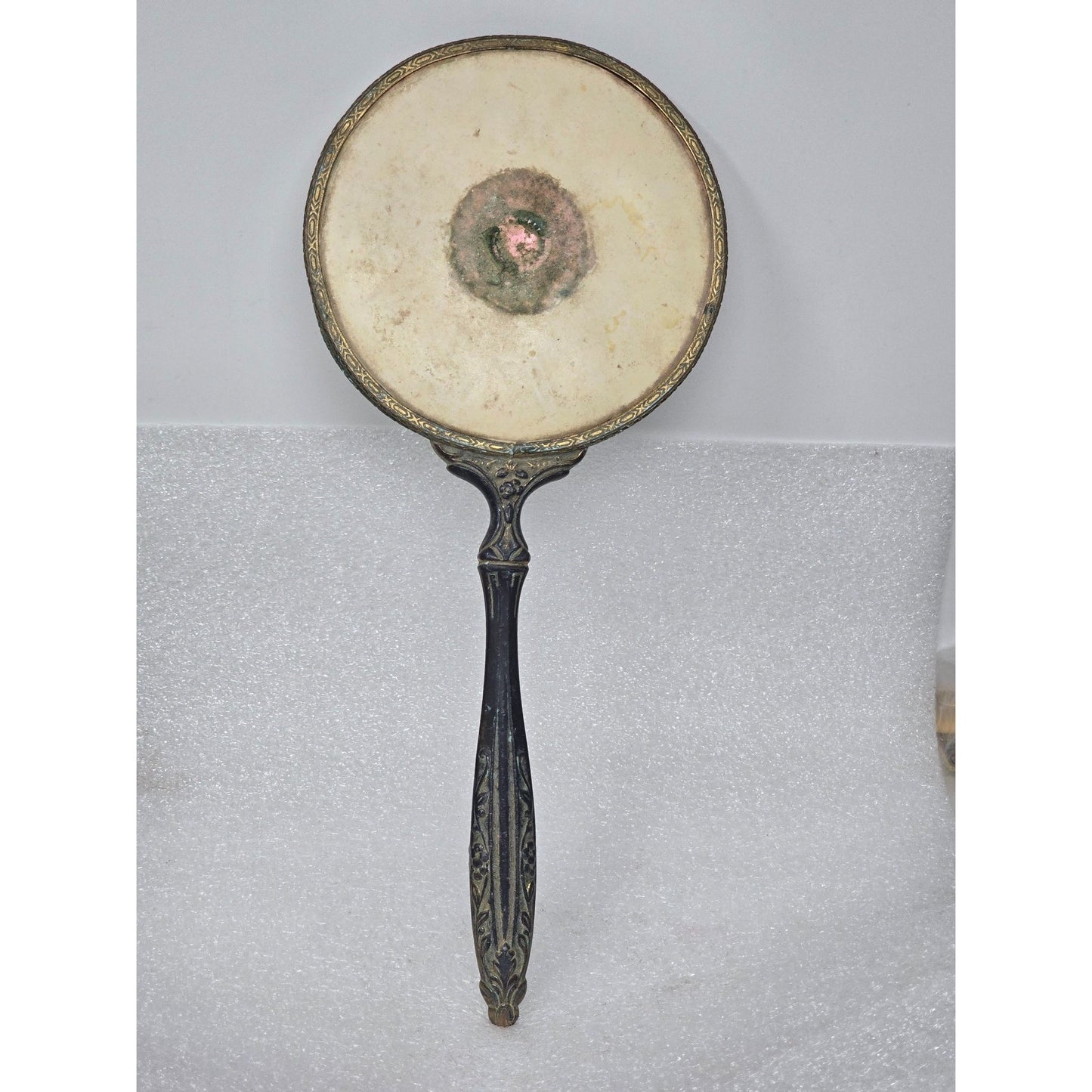 Antique Victorian Hand Mirror Ornate Brass Floral Handle Patina Beveled Glass