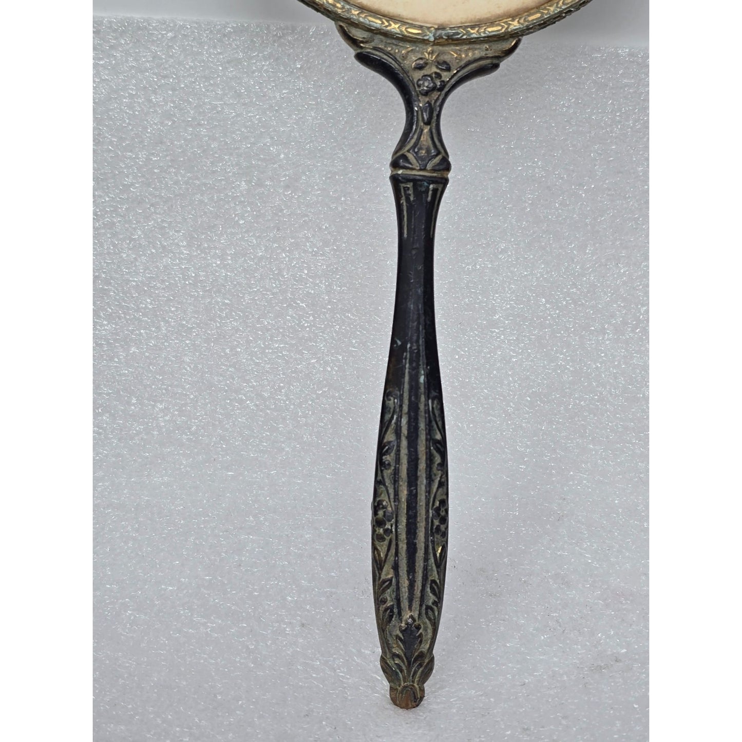 Antique Victorian Hand Mirror Ornate Brass Floral Handle Patina Beveled Glass