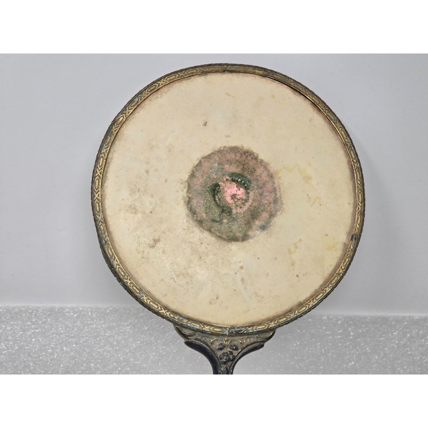 Antique Victorian Hand Mirror Ornate Brass Floral Handle Patina Beveled Glass