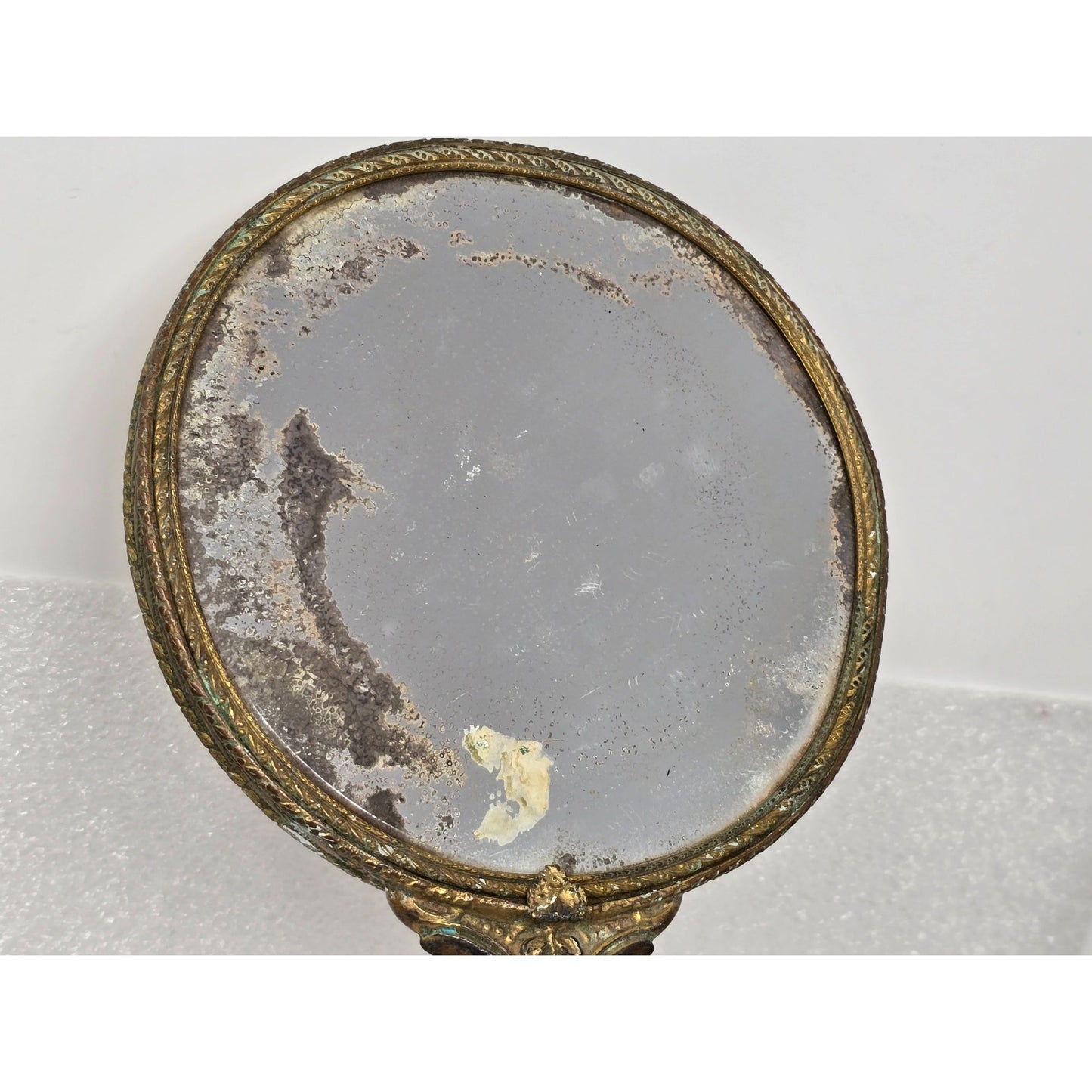 Antique Victorian Hand Mirror Ornate Brass Floral Handle Patina Beveled Glass