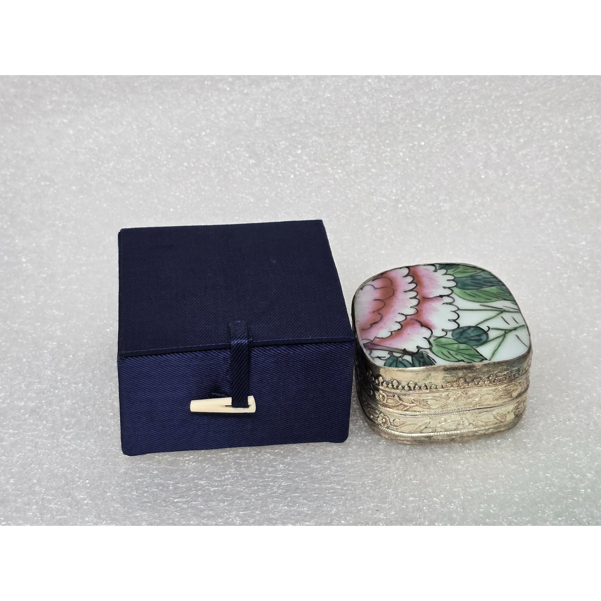 Vintage Hand Painted Chinese Floral Porcelain Silver Tone Trinket Pill Box