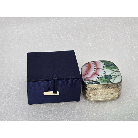Vintage Hand Painted Chinese Floral Porcelain Silver Tone Trinket Pill Box