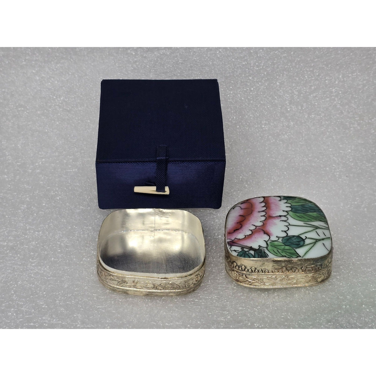 Vintage Hand Painted Chinese Floral Porcelain Silver Tone Trinket Pill Box