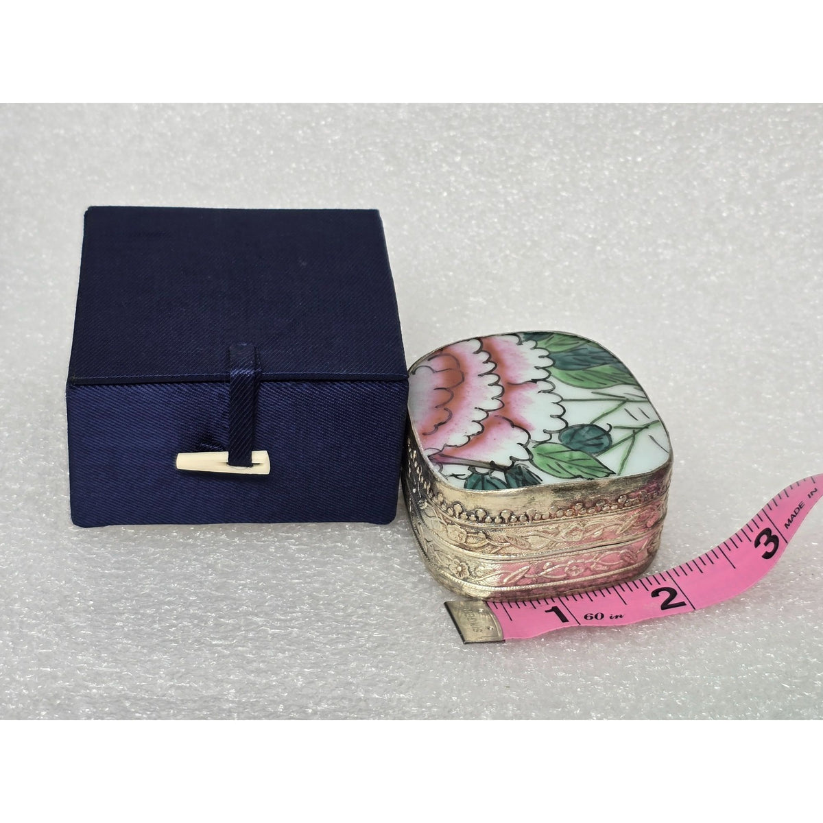 Vintage Hand Painted Chinese Floral Porcelain Silver Tone Trinket Pill Box