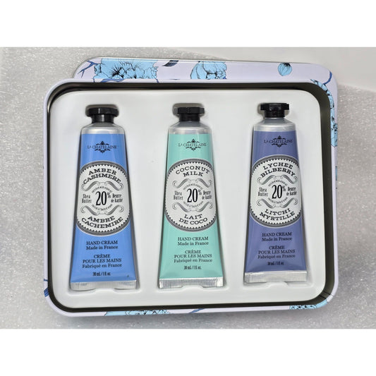 La Chatelaine Hand Cream Gift Set Tin 3x1 oz Amber Coconut Lychee Made in France