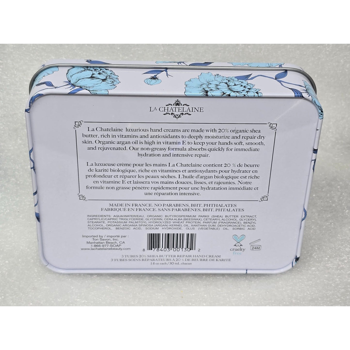 La Chatelaine Hand Cream Gift Set Tin 3x1 oz Amber Coconut Lychee Made in France