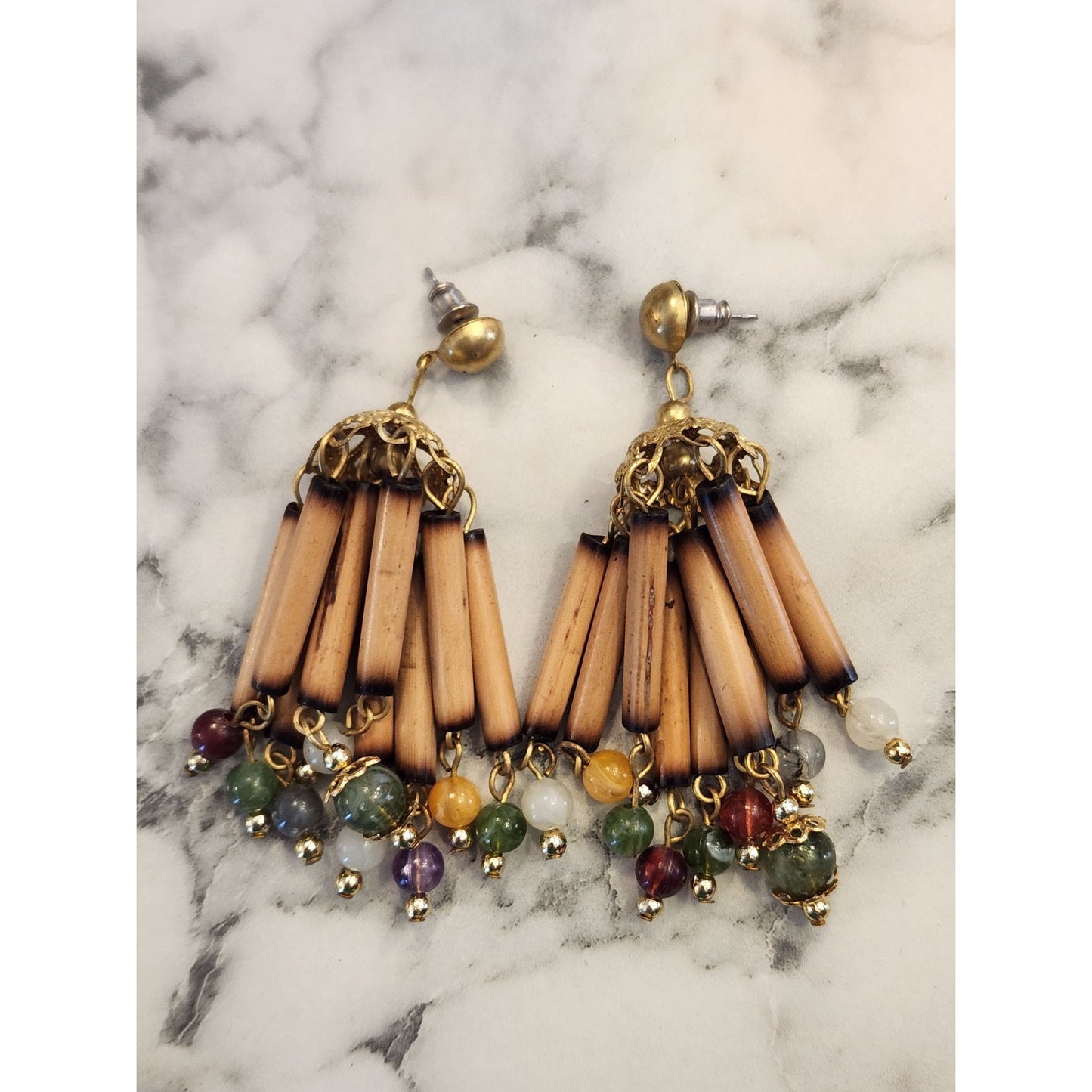 Vintage Bamboo & Beaded Chandelier Earrings