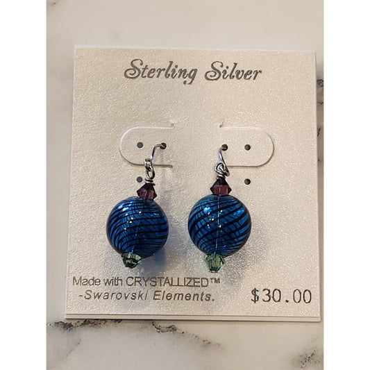 Sterling Silver Earrings With Blue Swirled Beads & Swarovski Crystal Accents