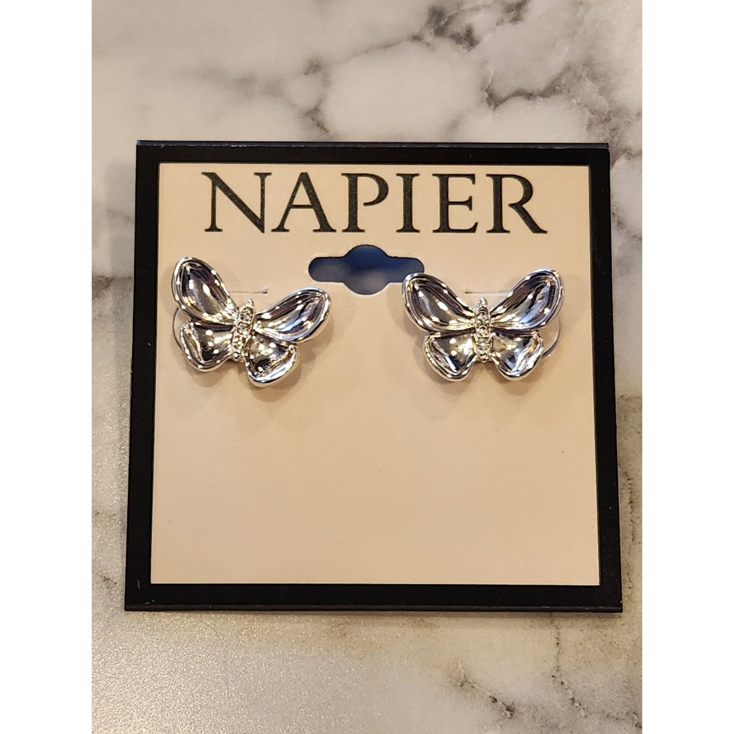 Napier Butterfly Shaped Silver-Tone Stud Earrings With Clear Crystal Accents