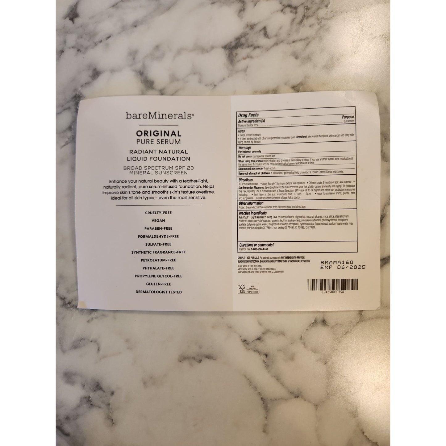 BareMinerals Original Pure Serum Liquid Foundation Sample Card SPF 20