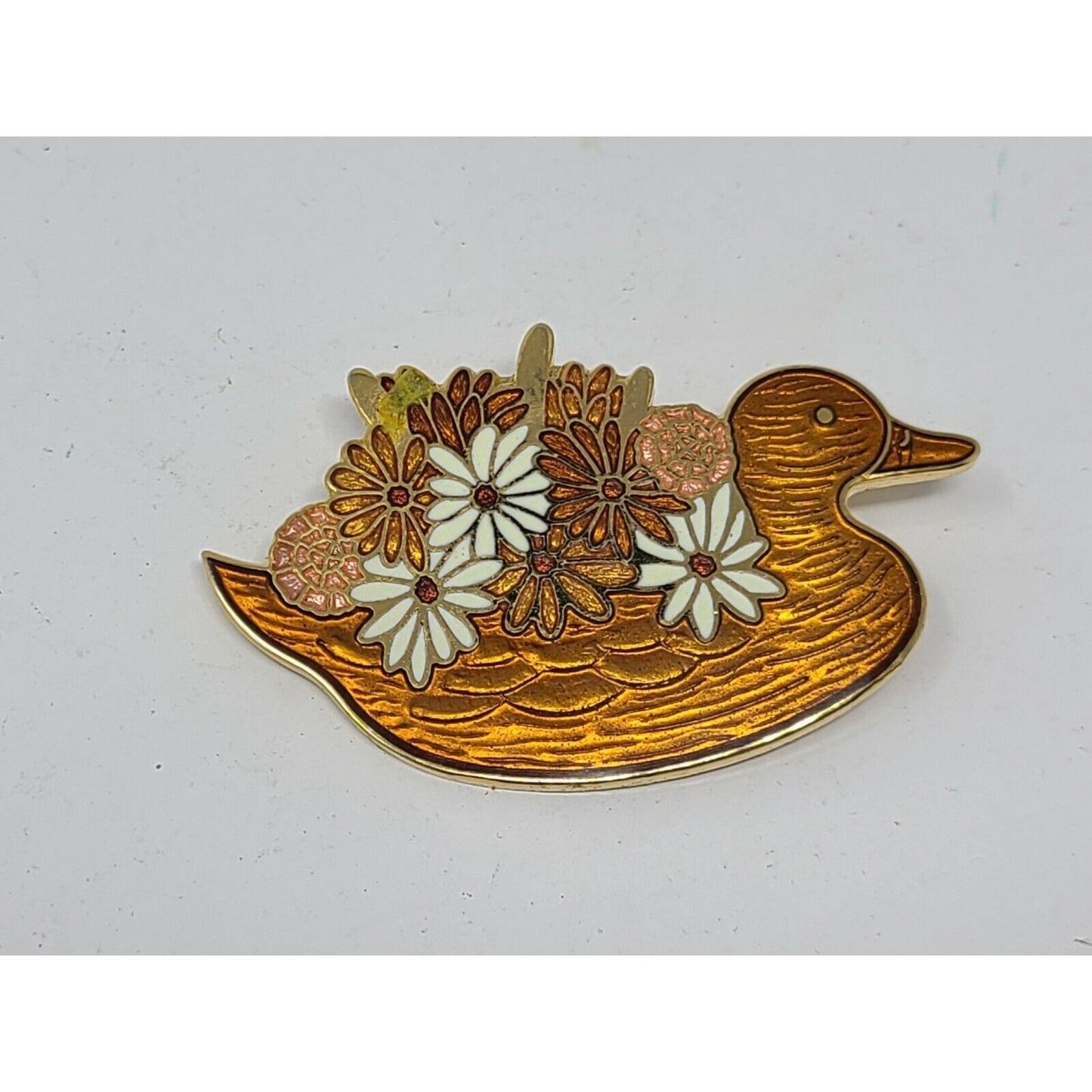 Vintage Duck-Shaped Gold-Tone Enamel Brooch Pin With Floral Design Flowers