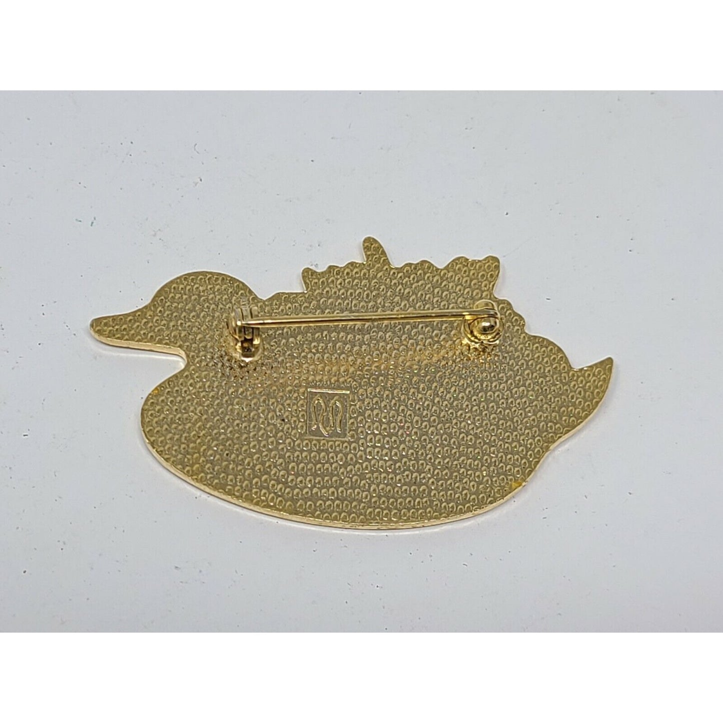 Vintage Duck-Shaped Gold-Tone Enamel Brooch Pin With Floral Design Flowers