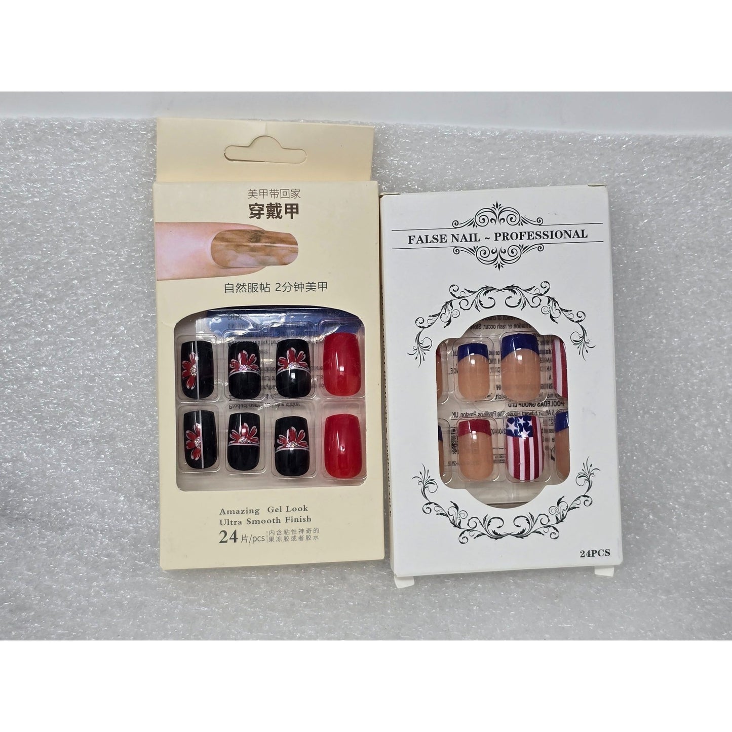 Press On Nails Bundle False Nail Set Floral Black Red & USA Flag Design Glue On