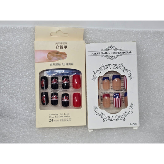 Press On Nails Bundle False Nail Set Floral Black Red & USA Flag Design Glue On