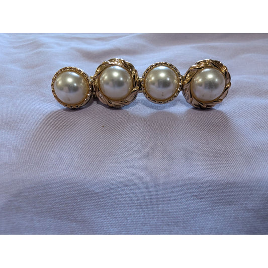 Vintage Gold Tone & Faux Pearl Hair Barrette Clip Elegant Design Womens