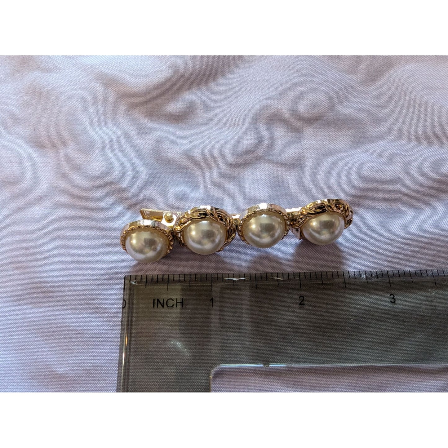 Vintage Gold Tone & Faux Pearl Hair Barrette Clip Elegant Design Womens