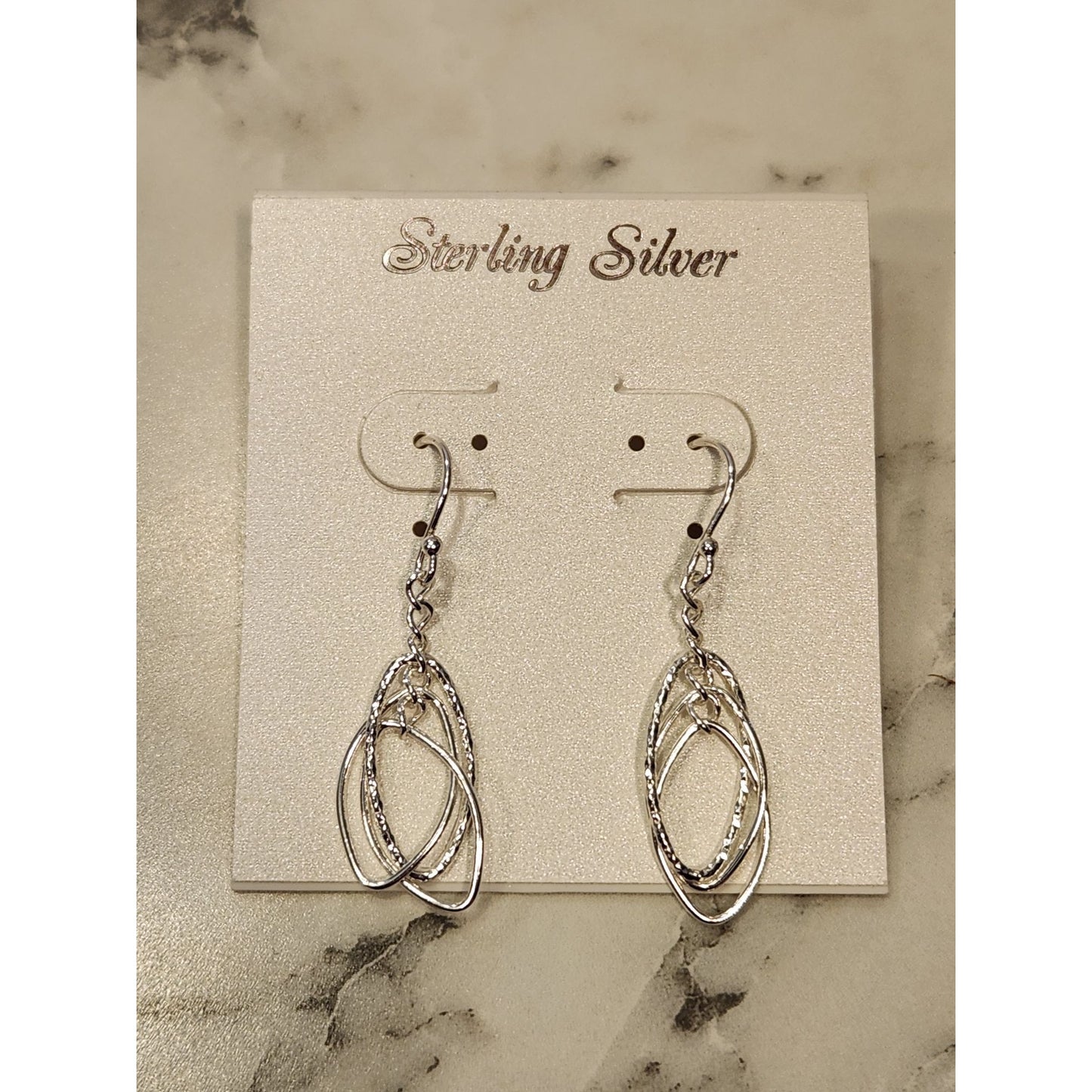Sterling Silver Oval Layered Dangle Earrings Textured Design Lightweight Elegant