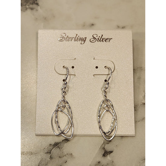 Sterling Silver Oval Layered Dangle Earrings Textured Design Lightweight Elegant