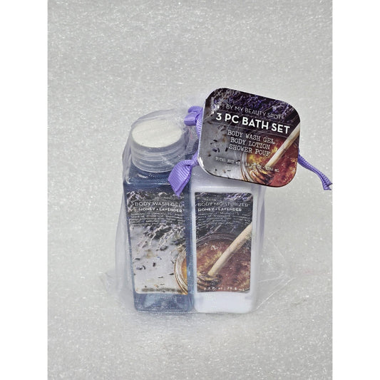 My Beauty Spot Honey Lavender 3-Piece Bath Set Body Wash Gel Lotion Shower Pouf
