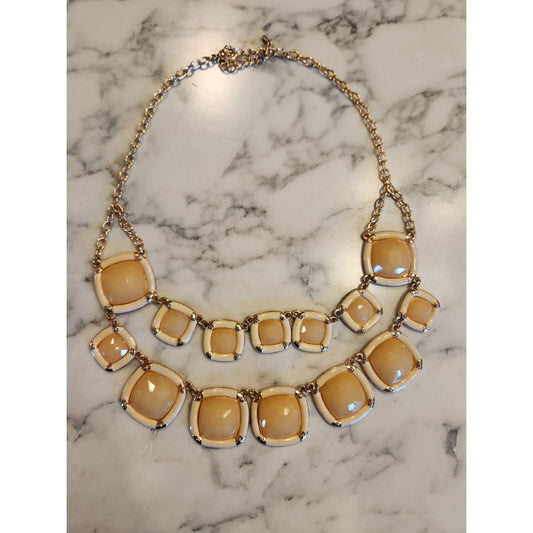 Susan Graver Statement Necklace Double Layer Beige & Gold Tone Geometric Design