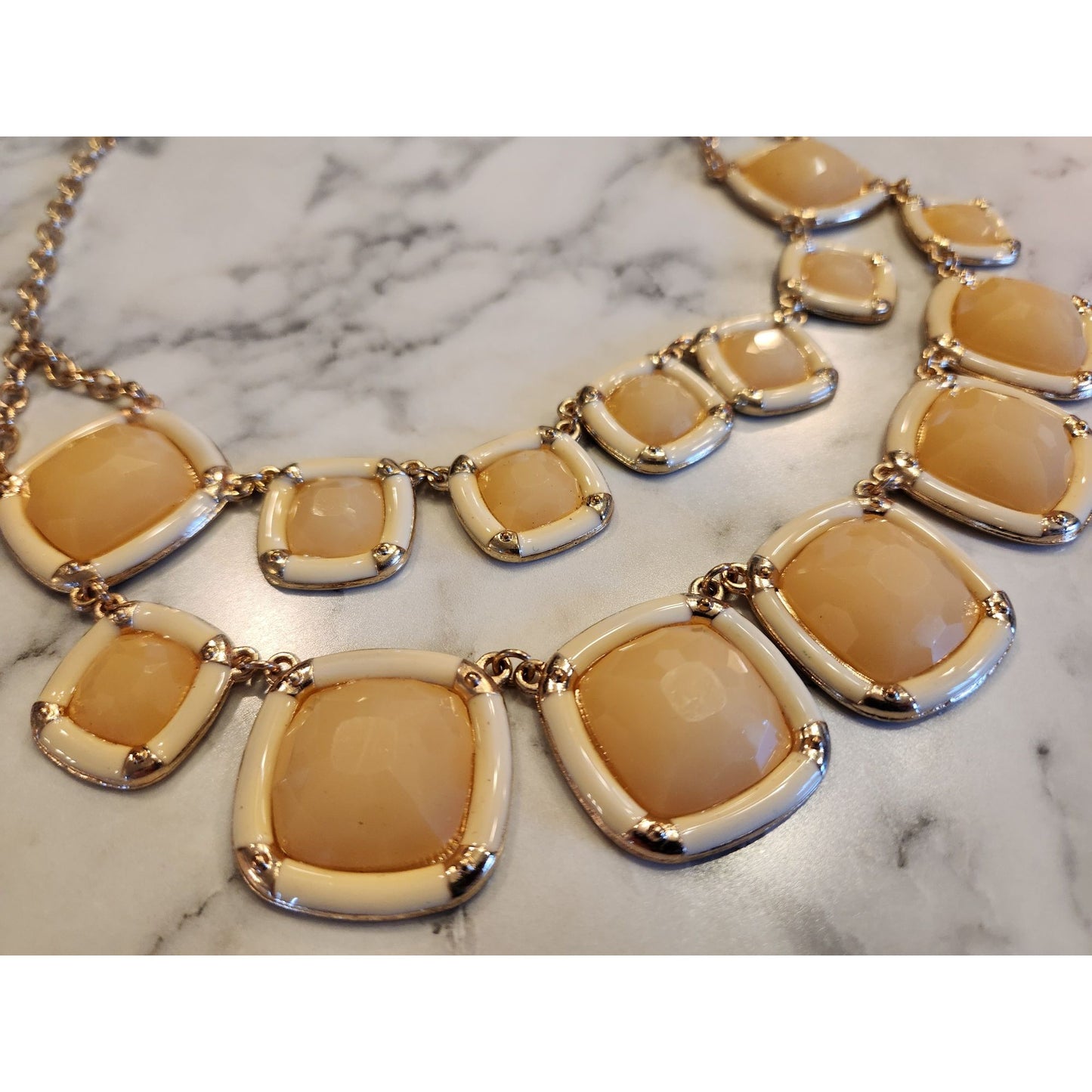 Susan Graver Statement Necklace Double Layer Beige & Gold Tone Geometric Design