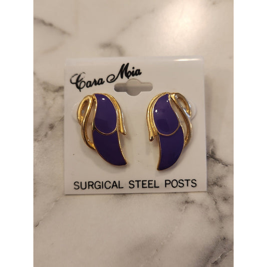 Vintage Cara Mia Purple & Gold Tone Earrings Surgical Steel Posts 1980's