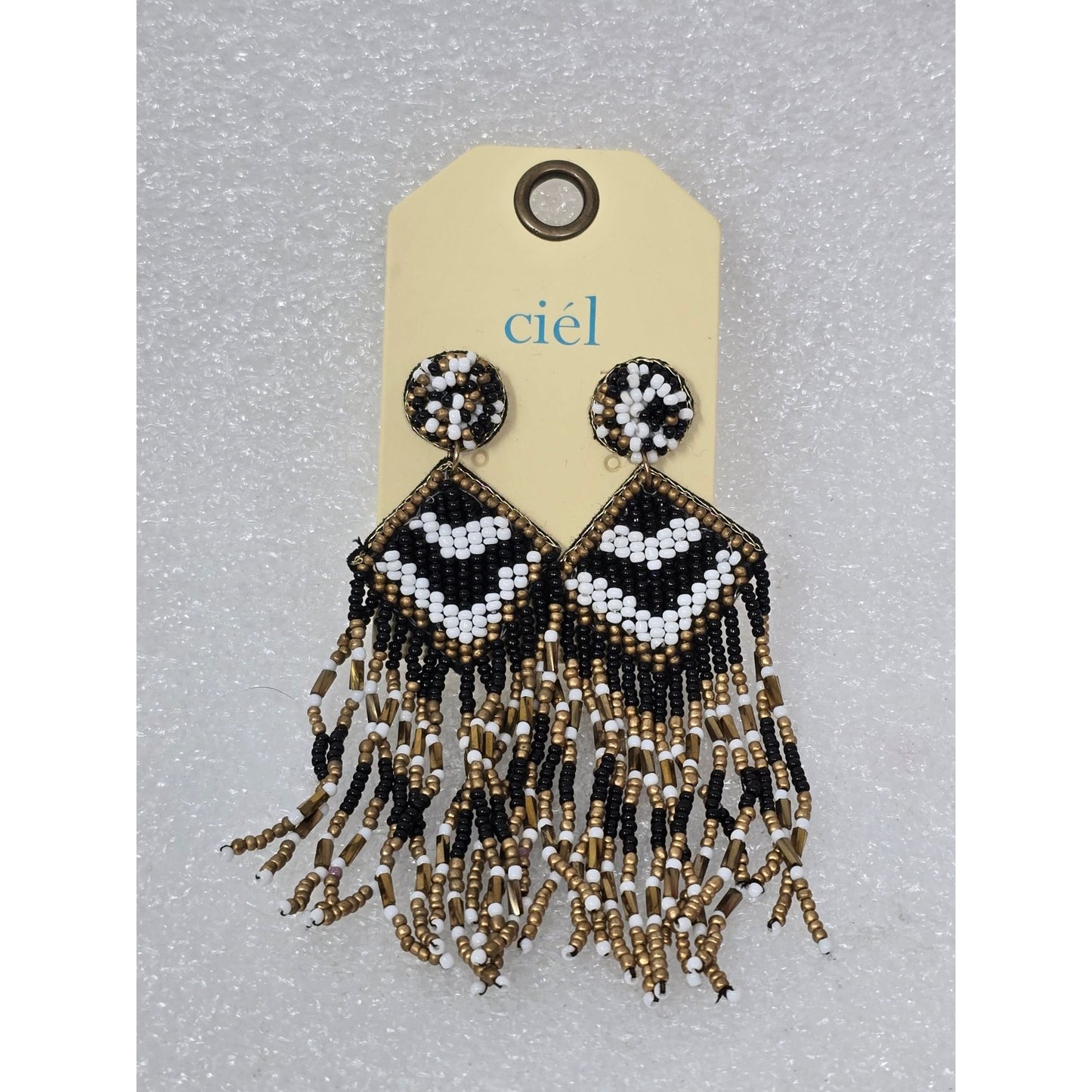 Handcrafted Ciél Beaded Fringe Earrings With Black & White Geometric Design