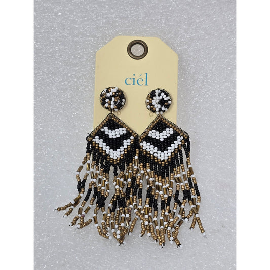 Handcrafted Ciél Beaded Fringe Earrings With Black & White Geometric Design