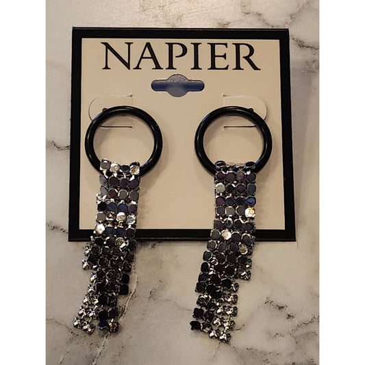 Napier Black Ring Earrings With Silver Tone Rhinestone Tassels