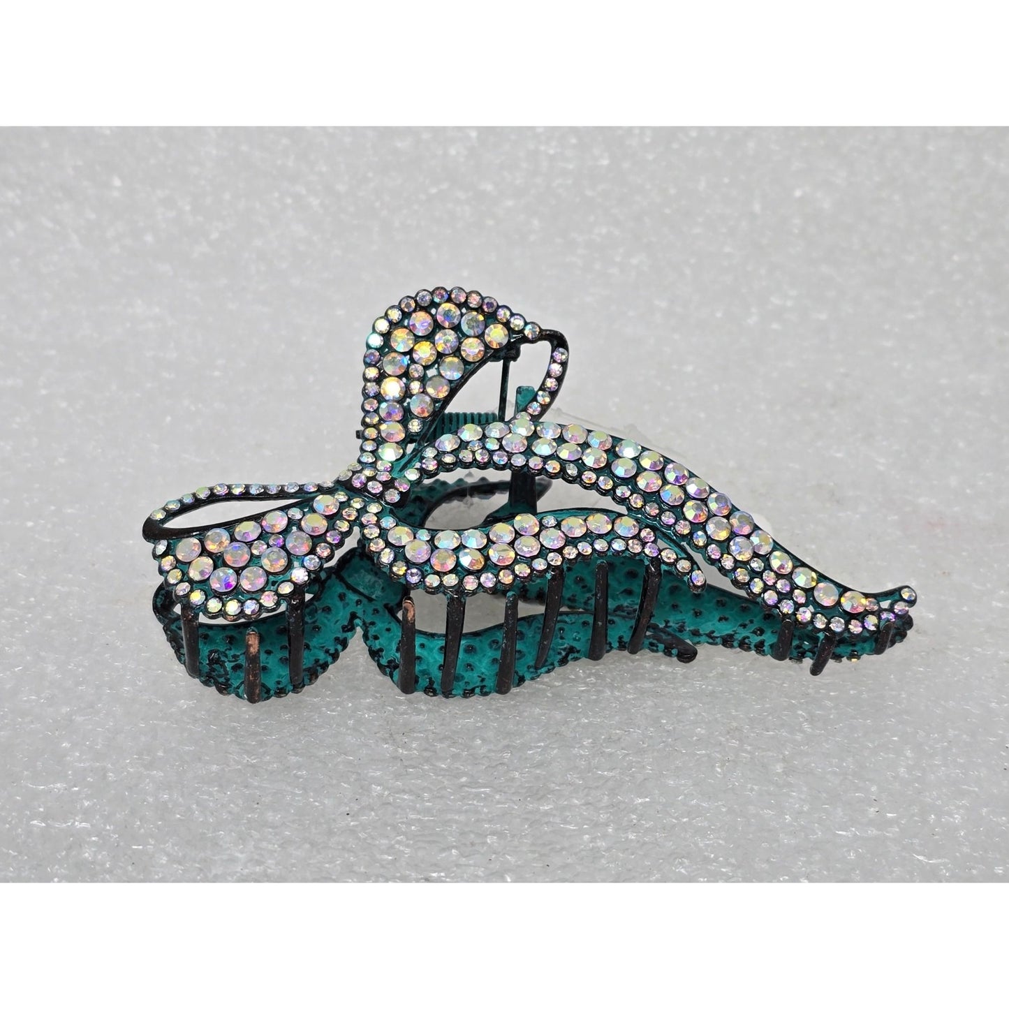 Teal Green & Rhinestone Decorative Bow Hair Claw Clip