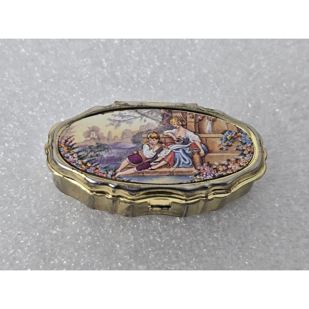 Vintage Gold Tone Pill Box Romantic Courting Scene 2 Compartment Victorian