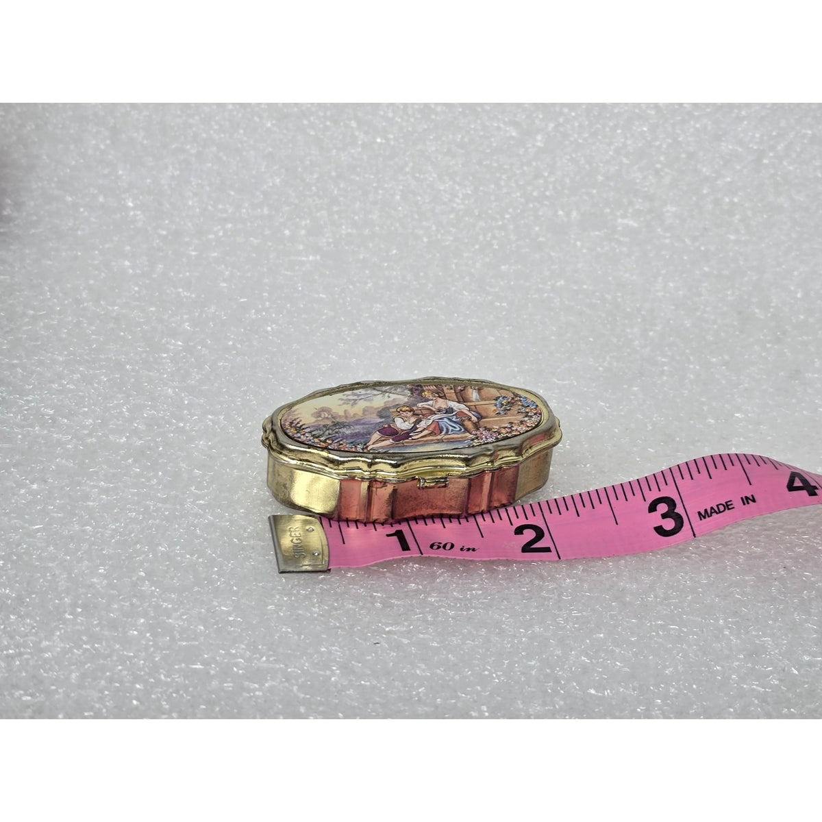 Vintage Gold Tone Pill Box Romantic Courting Scene 2 Compartment Victorian