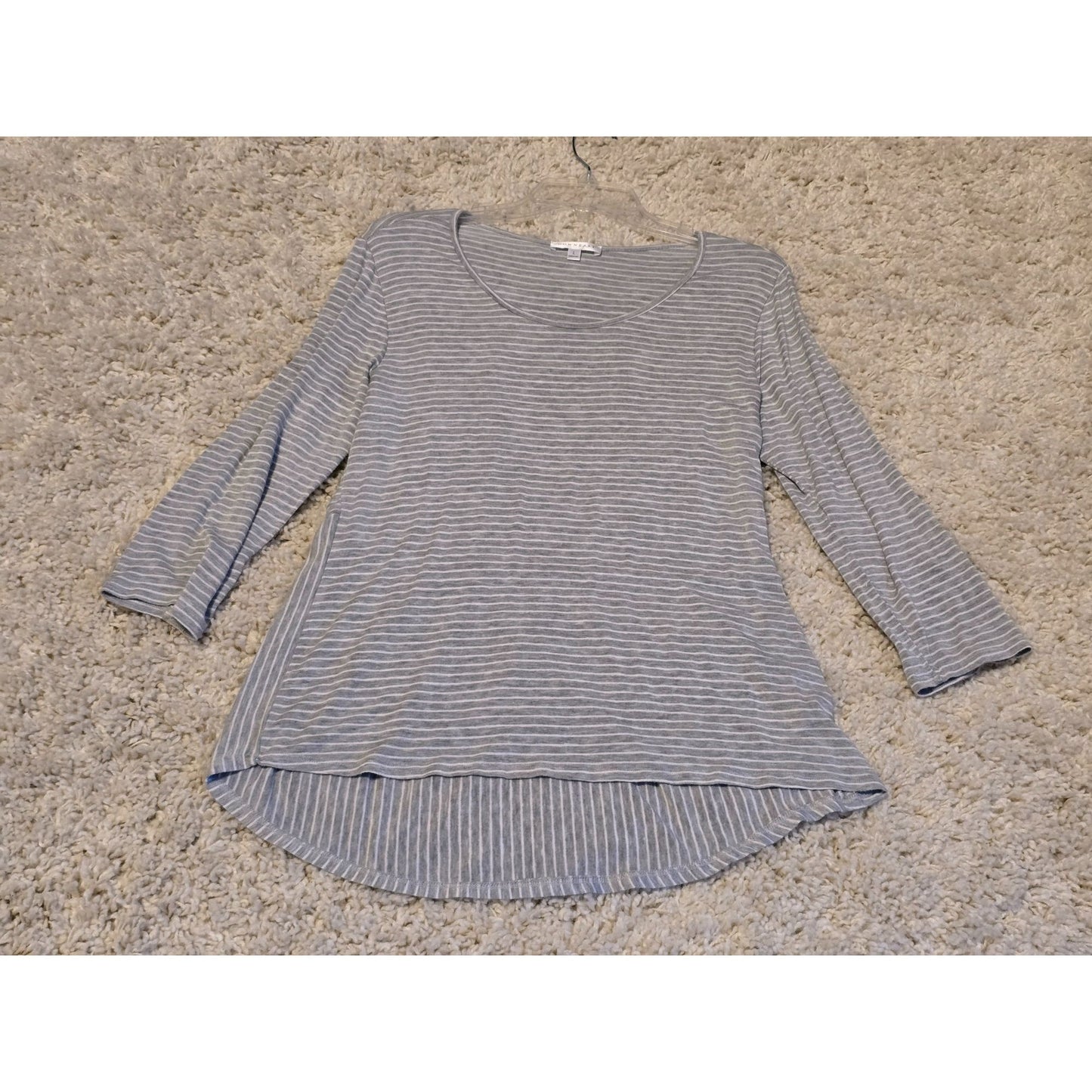 Downeast Women's Large Gray White Striped Peplum Tunic Top 3/4 Sleeve Made USA
