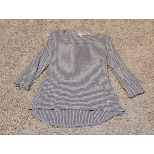 Downeast Women's Large Gray White Striped Peplum Tunic Top 3/4 Sleeve Made USA