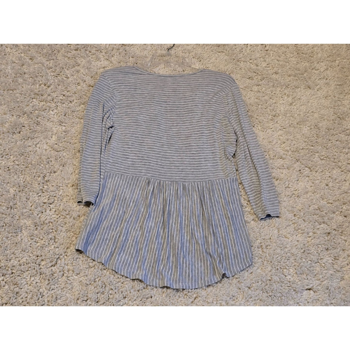 Downeast Women's Large Gray White Striped Peplum Tunic Top 3/4 Sleeve Made USA