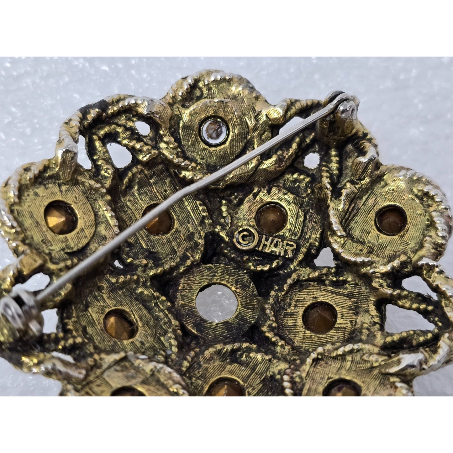 Vintage HAR Ruby Red Rhinestone Filigree Brooch Signed Floral Statement Pin
