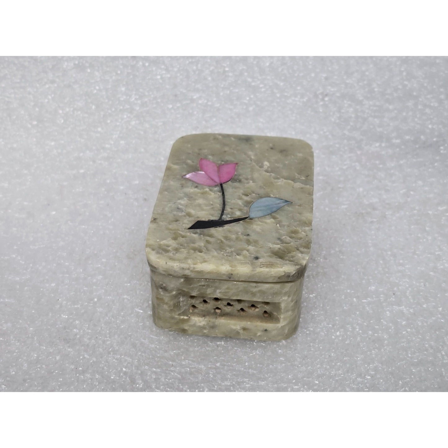 Vintage Handmade Soapstone Trinket Jewelry Box With Floral Inlay Design India