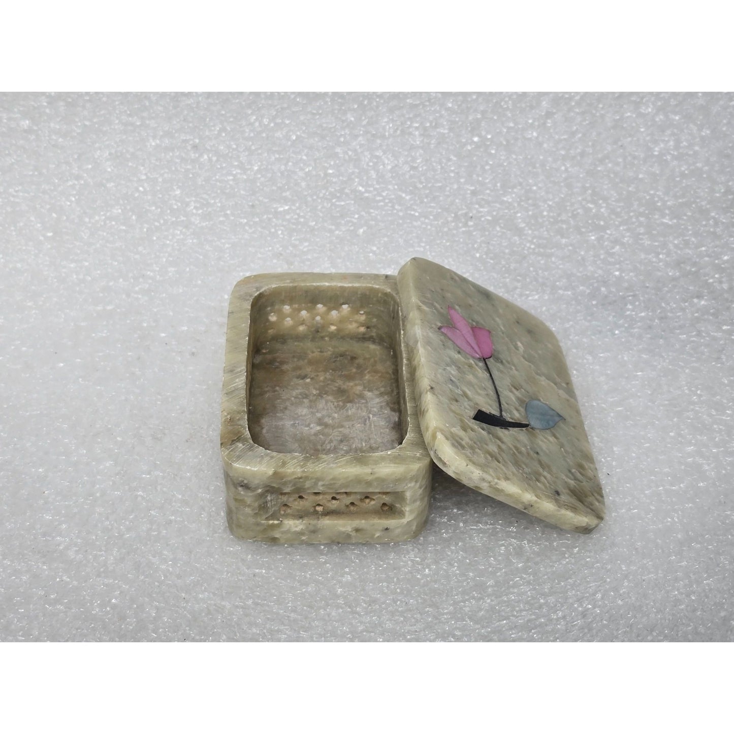 Vintage Handmade Soapstone Trinket Jewelry Box With Floral Inlay Design India